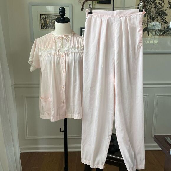 Vintage Barbizon Pink 2pc Pajama Lounge Set SS Top Pants S - Picture 1 of 10